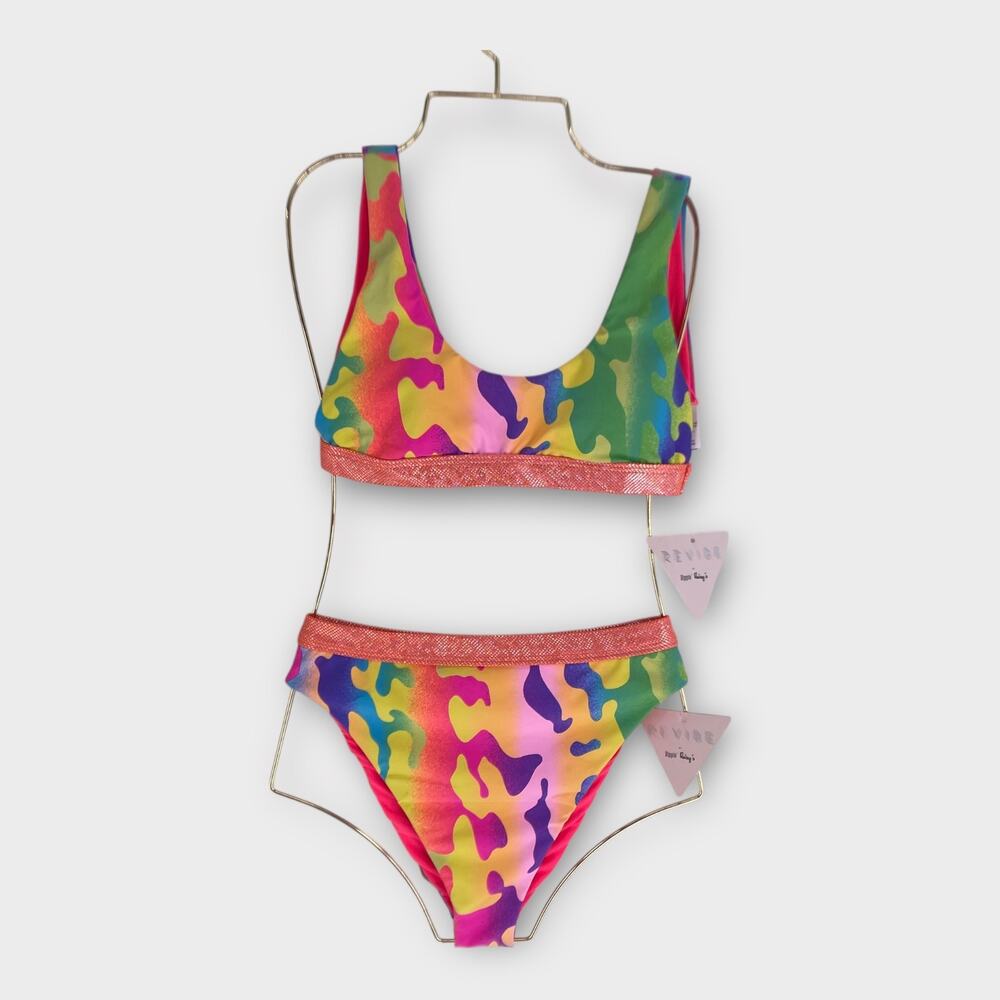 NWT Revibe Dippin Daisys Neon High Waist Bikini Set Ultra Bottom Festival Top S